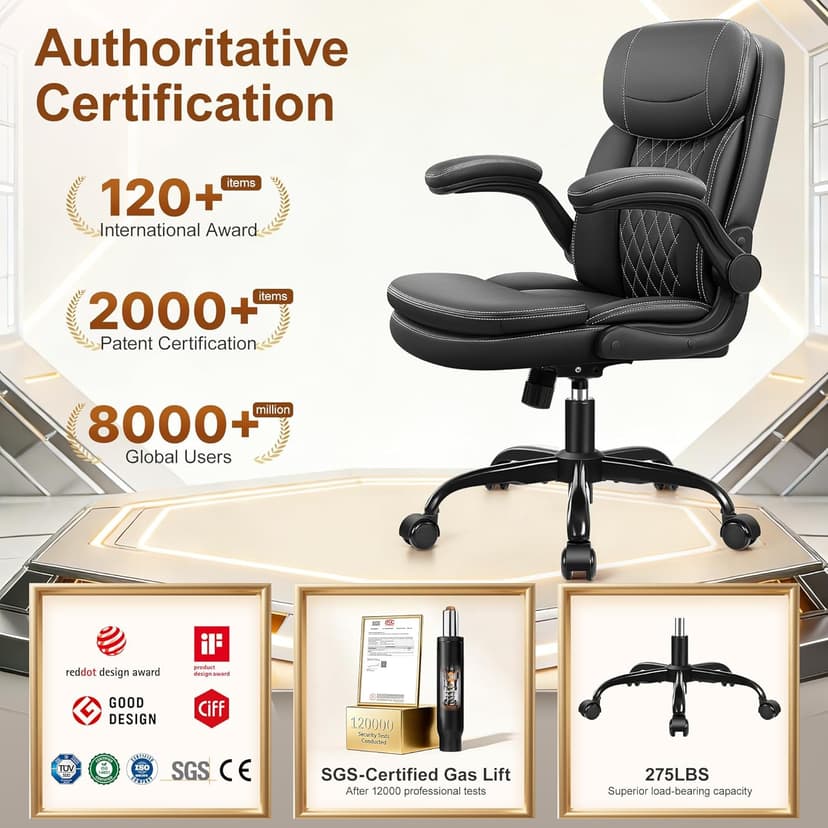 Leather Office Chair, Upgraded PU Computer Desk Chairs with Double-Layer Seat Cushion and Neckrest, 360°Swivel, Ergonomic Small Gaming Chair with Wheels and Adjustable Armrests for Short People, Black