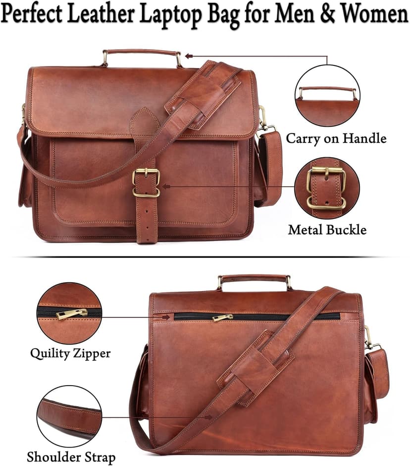 ANUENT Genuine Brown Leather Laptop Messenger Bag for Men and Women | Rugged Leather Satchel | Professional Business Briefcase | Crossbody Computer Bag