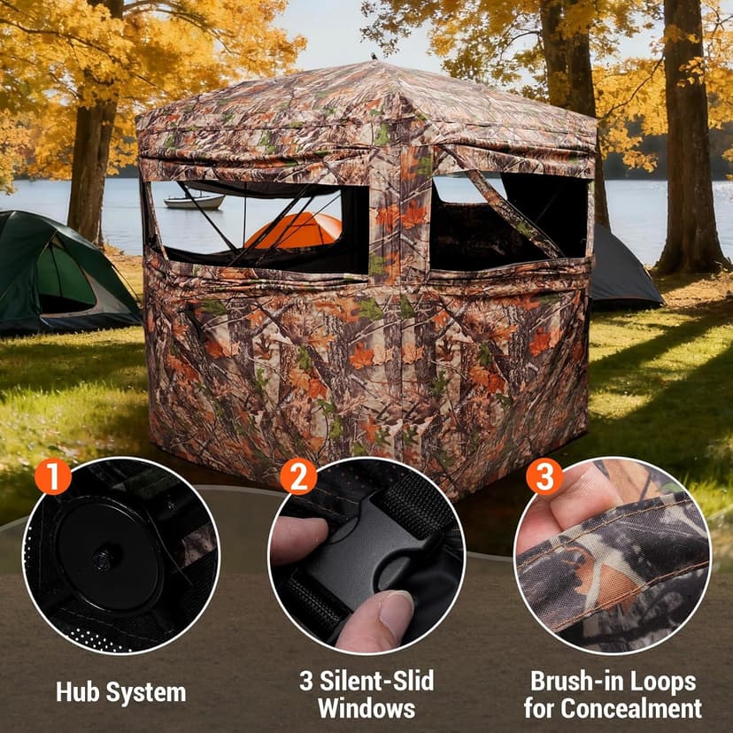 FUNHORUN Hunting Blind 270/360 Degree See Through Ground Blind，2/3 Person Soft Material Pop-Up Camouflage Tent，Easy-Fold Portable Concealed Shelter with Carrying Bag