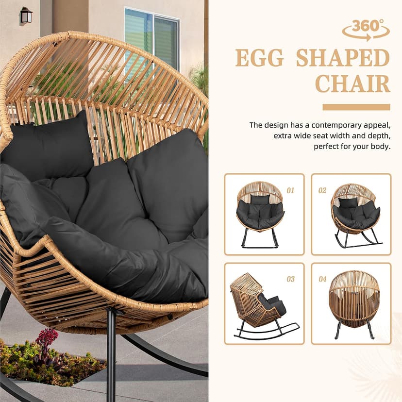 Vongrasig Wicker Egg Chair PE Rattan Rocking Chair with Cushion, Oversized Patio Lounge Rocker Chair for Outdoor, Indoor, Balcony, Backyard, Garden, Black