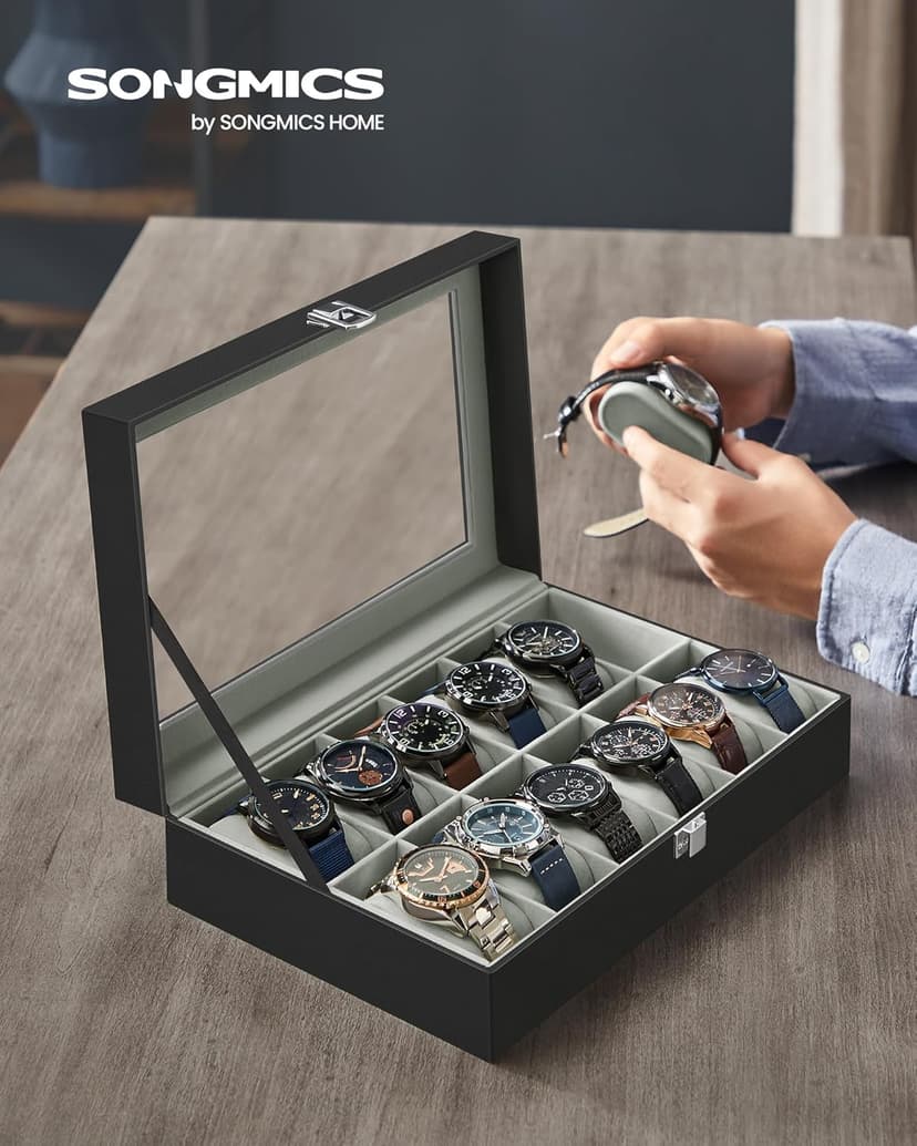 SONGMICS SONGMICS Watch Box, 12-Slot Watch Case Organizer with Large Glass Lid, Removable Pillows, Gift for Loved Ones, Black Synthetic Leather, Gray Lining UJWB12BK