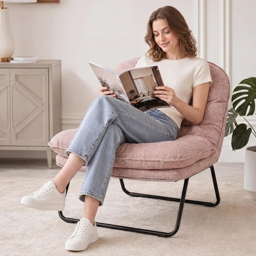 DUMOS Comfy Saucer Chair,PU Leather Foldable Chairs for Bedroom, Living Room, Dorm & Gaming, Small Foldable Fashion Floor Chair with Back Support for Small Spaces Adults, Dark Pink