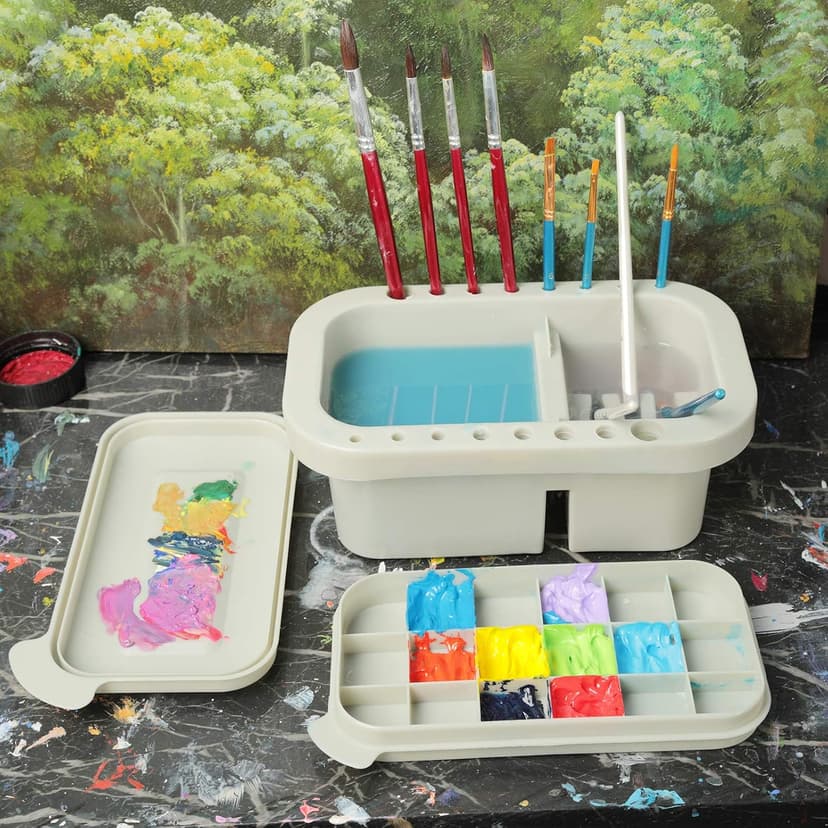 18 mixing wells, 16 slots fitting 0.24-0.63 in diameters, 3 washing compartments, removable tray lid MyLifeUNIT Paint Brush Cleaner, Paint Brush Holder with Palette, Grey B01H5JIU14