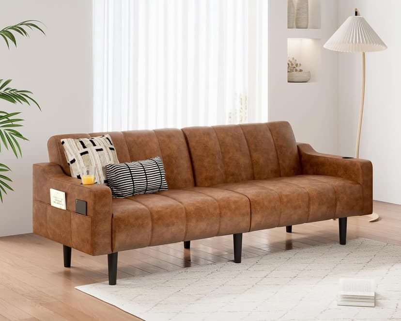 Brelice 80'' Leather Couch, Futon Sofa Bed, Faux Leather Couch with Adjustable Backrest, 2 Cup Holders & Side Pockets, Mid Century Modern Sofa for Living Room, Bedroom, Brown
