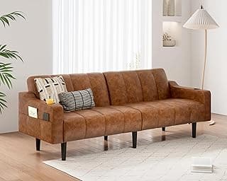 Brelice 80'' Leather Couch, Futon Sofa Bed, Faux Leather Couch with Adjustable Backrest, 2 Cup Holders & Side Pockets, Mid Century Modern Sofa for Living Room, Bedroom, Brown