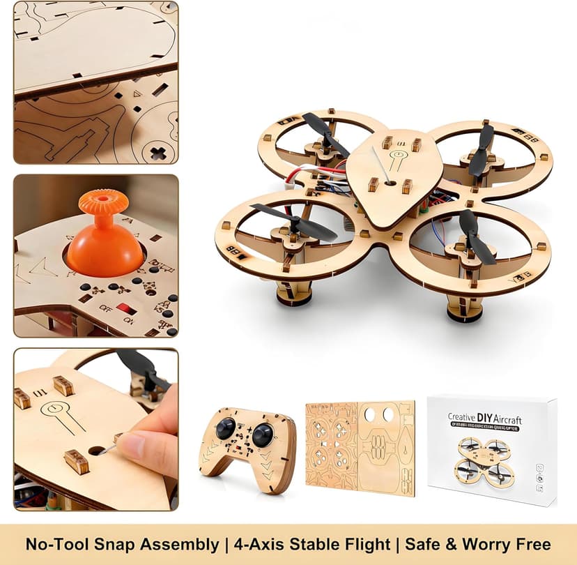 DIY Wooden Drone Model Kit,DIY Wooden RC DroneKit,WoodenBuilding Blocks Flying Toys Assembled Kit,Remote Control Aircraft Training RC DroneQuadcopter,Beginner-Friendly Mini Drone
