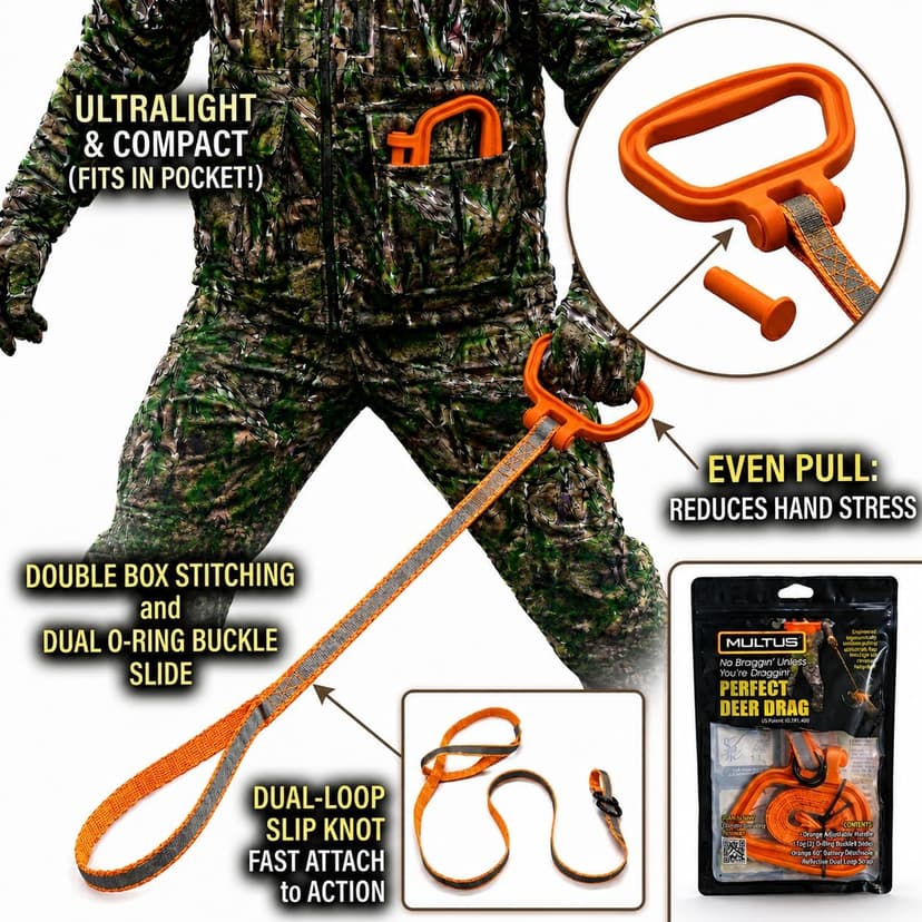MULTUS Deer Drag Rope & Strap - Heavy Duty Deer Puller for Hunting - Unique Gifts for Hunters, Dad, Men Who Have Everything - Hunting Essentials & Accessories