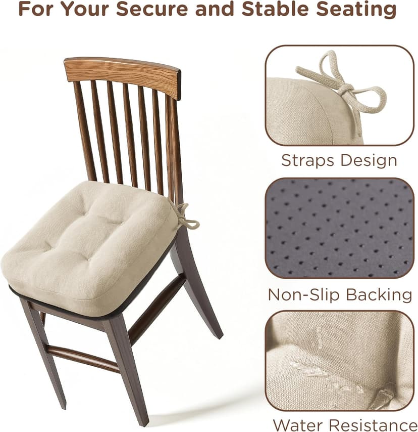 Codi Dining Chair Cushions 4 Pack, Thick Chairs Pads for Indoor Kitchen Room - Washable, Non-Slip Memory Foam Seat Cushion with Ties, 16.5"x16.5"x 3.5", Set of 4, Beige New