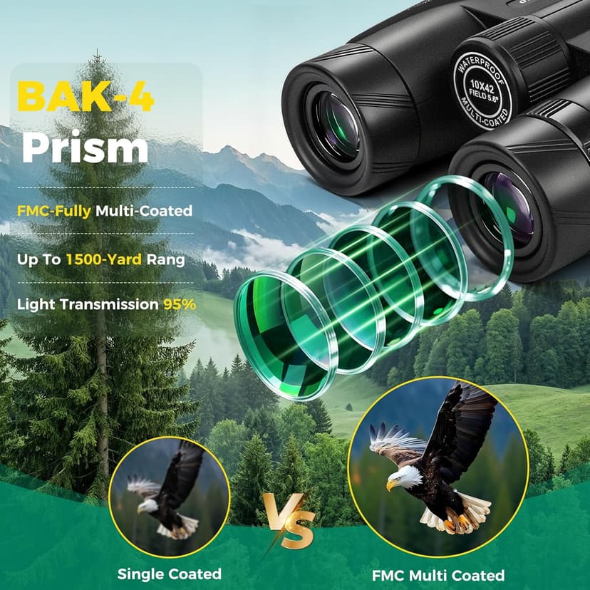 10x42 UHD Binoculars for Adults High Powered Waterproof Large View with Clear Vision & Compact Binocular Essentials for Hunting Camping Cruise Travel Bird Watching Sports