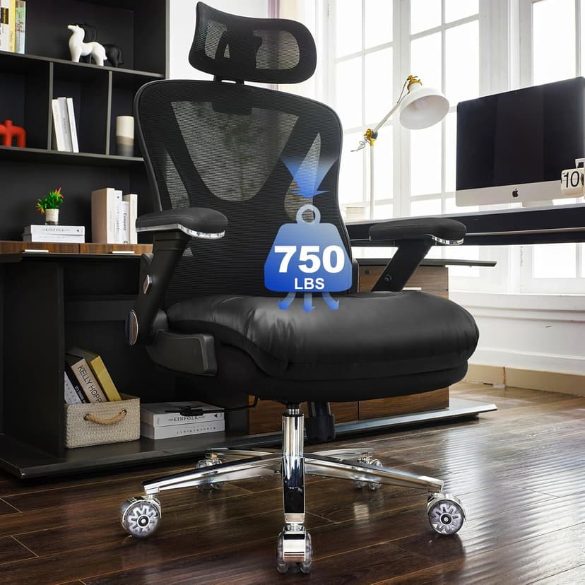 750lbs Ergonomic Office Chair,Upgrade Big and Tall Office Chairs for Heavy People,Mesh High Back Desk Chair with 5D Flip Arms Large Wheels,Adjustable Headrest & Lumbar Support,Wide Chairs