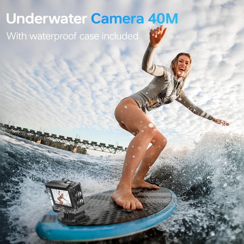 Waterproof Action Camera Underwater,Sports Camera 4K60FPS 30MP with EIS/Dual Screen/5X Zoom/Remote Control,Bare Underwater Camera with Waterproof Case,4K Action Camera for Vlogging/Video Recording