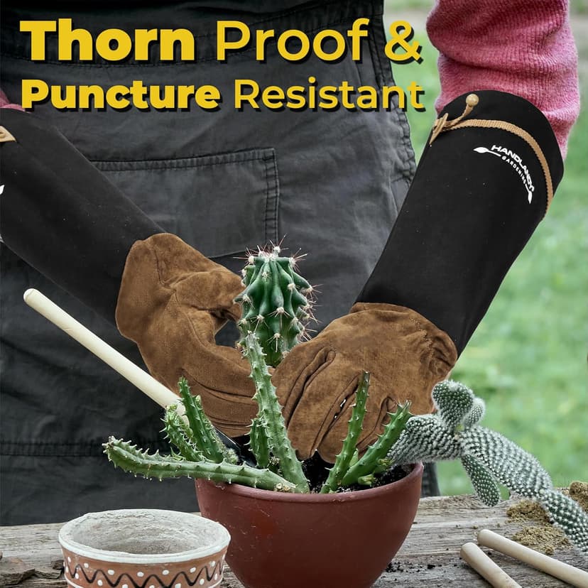 HANDLANDY Long Gardening Gloves for Men & Women, Pigskin Leather Rose Pruning Gloves, Breathable Thorn Proof Gauntlet Glove (Brown-Pigskin, M)
