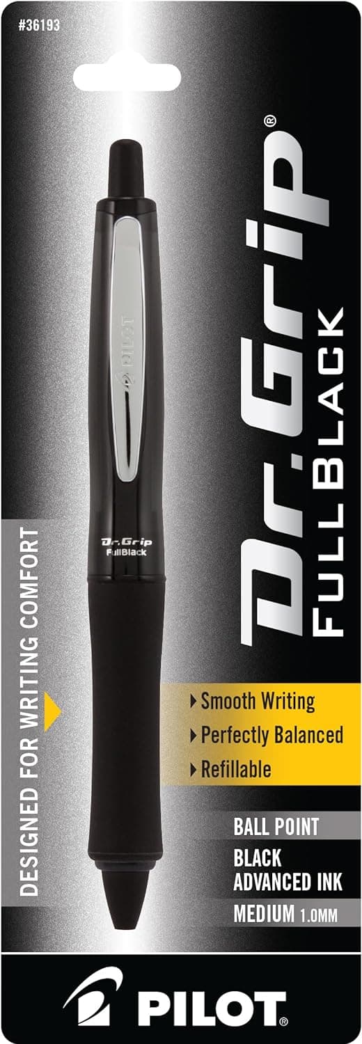 PILOT Dr. Grip FullBlack Refillable & Retractable Ballpoint Pen, Medium Point, Black Ink, Single Pen (36193)- Ideal for School, Journaling & Office Writing