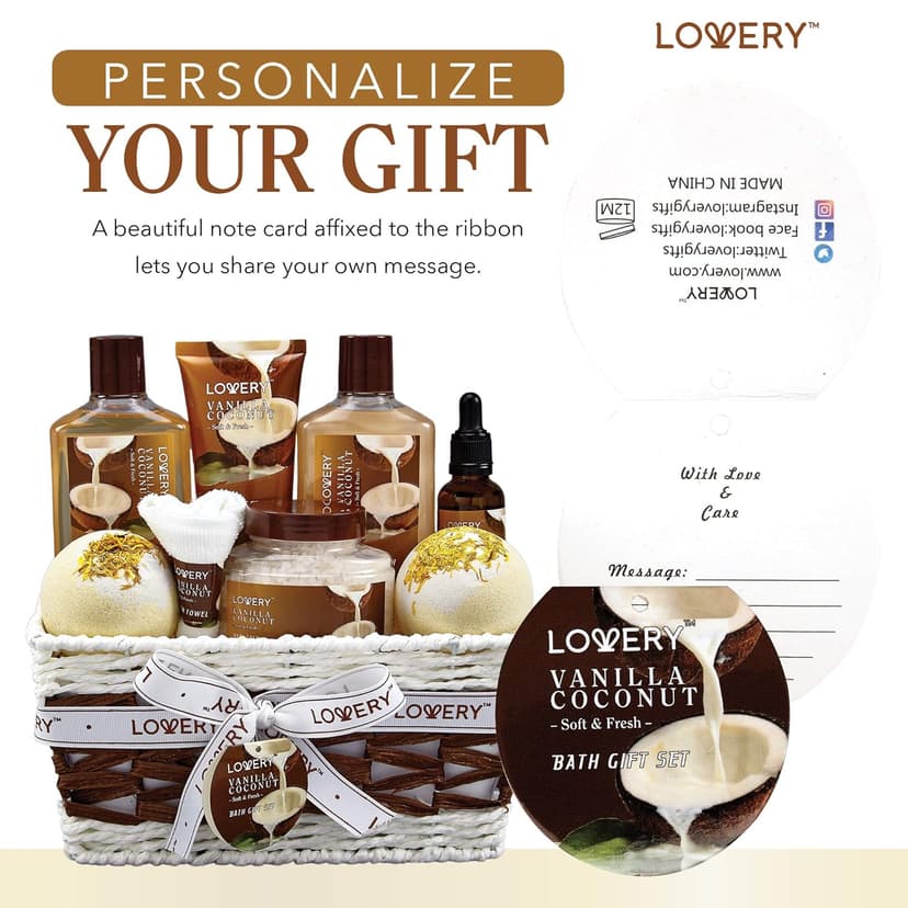 Gifts For Women Gift Basket for Women– 9 Piece Set of Vanilla Coconut Home Spa Set, Includes Fragrant Lotions, Extra Large Bath Bombs, Coconut Oil, Luxurious Bath Towel & More