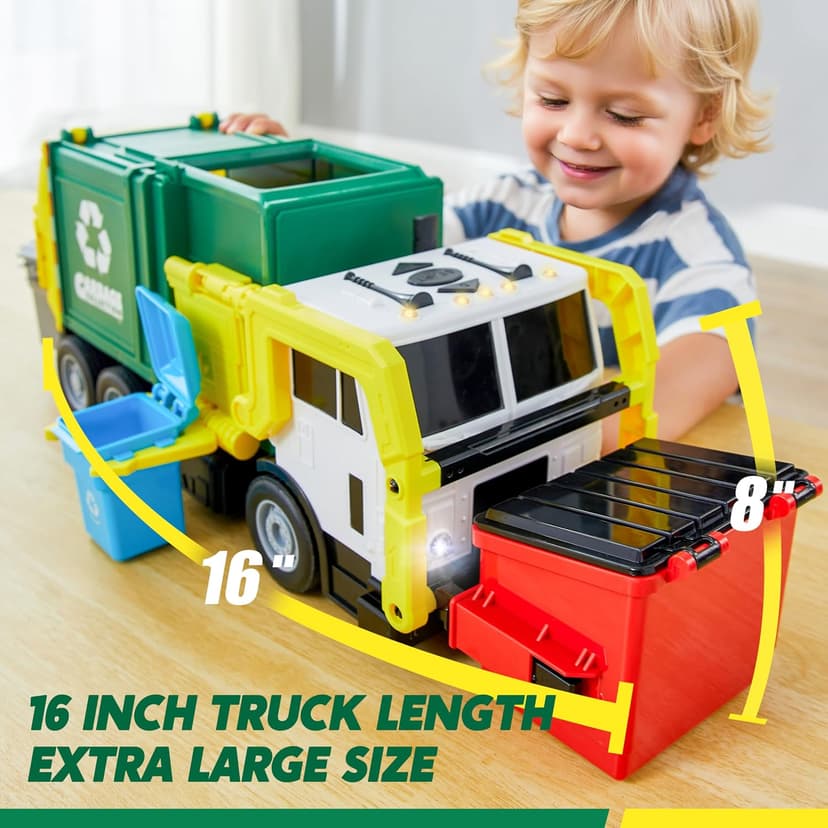 JOYIN Large Friction Powered Garbage Truck Toy Set, Includes 1 Dumpster, 3 Trash Bins, and 30 Learning Cards for Kids, Boy Toys Birthday Gift, Green B095XJDJ8V
