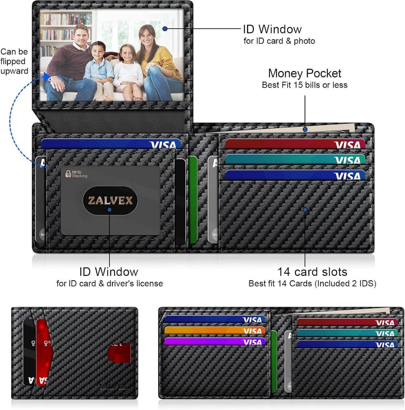 14 Cards Bifold Minimalist Thin Wallet with 2 ID Windows & Cash Slot Front Pockt Carteras Para Hombres Birthday Gifts for Men ZALVEX Wallet for Men Slim RFID Blocking Leather Credit Card Holder Wallet B0FPQ5H6BT