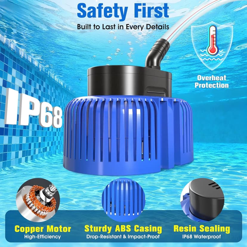 Pool Cover Pump above Ground, Submersible Water Sump Pump Swimming Water Removal Pumps,Submersible Pump for Pool Draining,Pool Pump 16FT Drainage Hose,25 FT Extra Long Power Cord, 850 GPH,4 Adapters