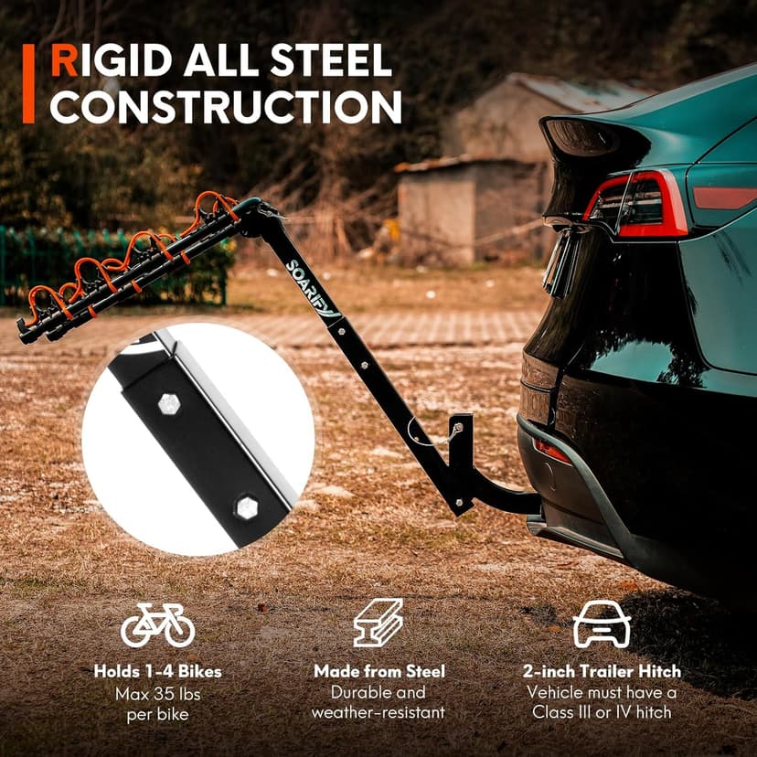 Bike Rack for Car, SUV, RV, Mount Hitch Bike Back 4, Up to 143 lbs Load Bicycle Rack Carrier Rubber Straps, Tilt Release with 2" Hitch for Cars (4BIKES)