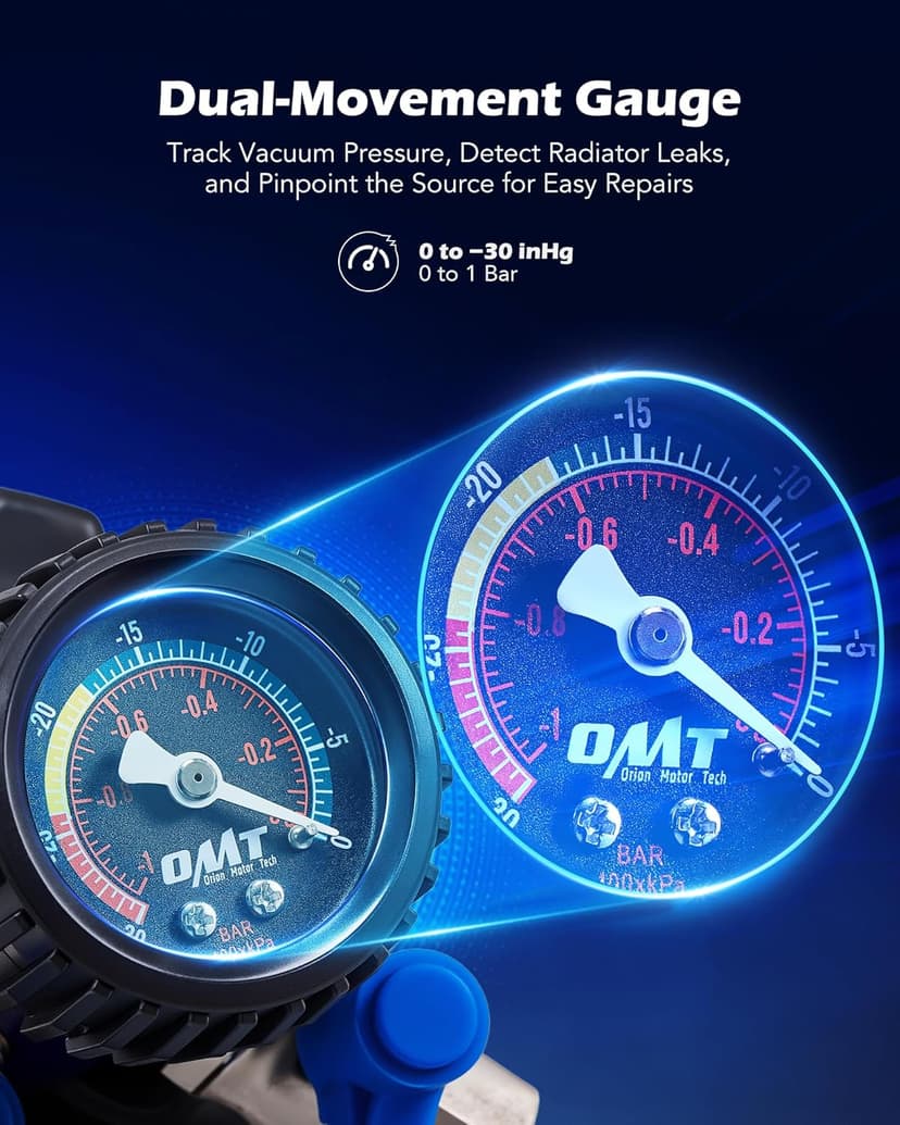 Orion Motor Tech Coolant Vacuum Refill Kit, Cooling System Vacuum Fill Tool with Leak Detector 5 Round Adapters 1 Conical Adapter, Radiator Coolant Fill Kit with Dual-Movement Gauge for Vacuum Leak