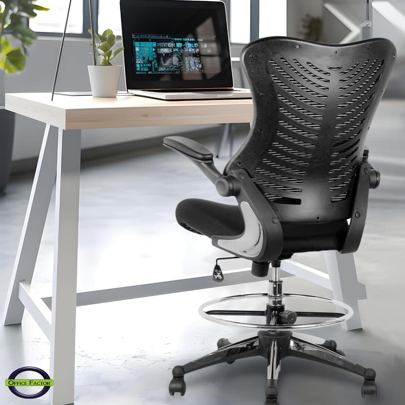 OfficeFactor 300 Lbs Tall Drafting Chair with Adjustable Foot Ring & Flip-Up Arms – Ergonomic Standing Desk Chair, Breathable Mesh Office Chair for Tall Desks, Counter Height & Reception(Black)
