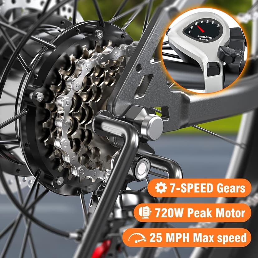 Electric Bike for Adults, 26" Commuter Ebikes with 7-Speed Gears, 25MPH Lightweight E Bike, 720W Peak Motor, 375Wh Removable Battery, 50 Miles Range, Electric Mountain Bicycle for All Terrain