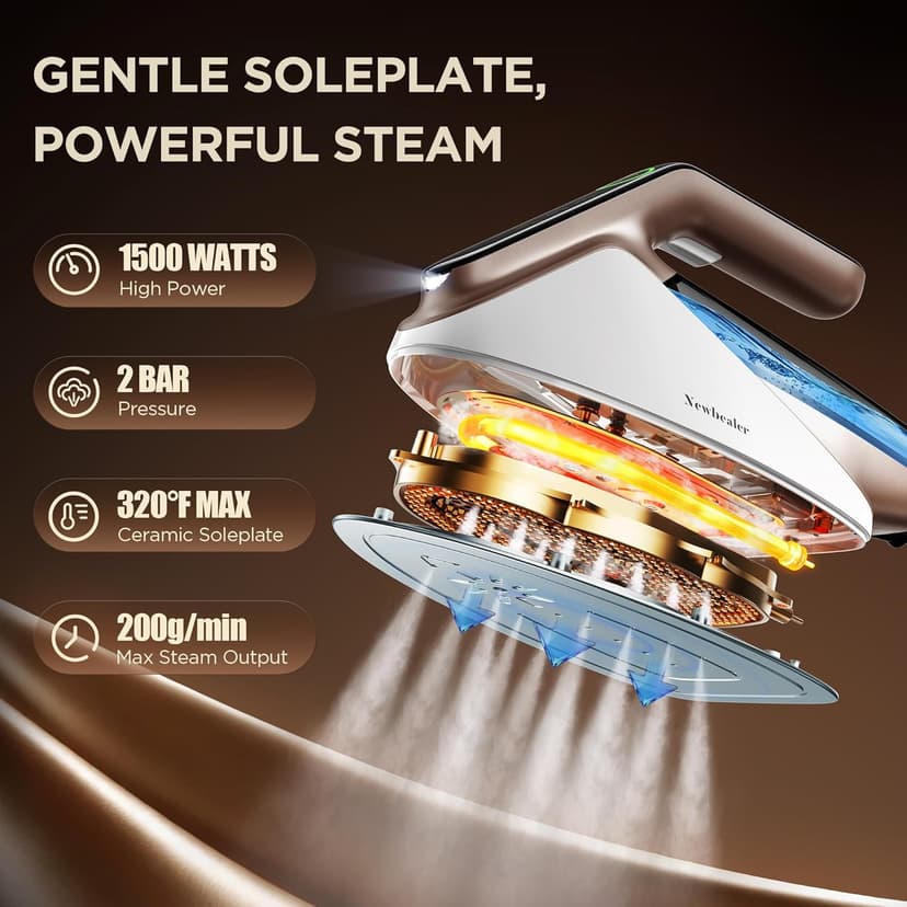 Newbealer Steam Generator Iron, 1500W Turbo Steamer for Clothes, 2 Bar Pressure Clothes Iron, 4 Steam & 4 Dry Heat Modes, Fast Heat-Up, 350ml Detachable Tank, Auto-Off, Self-Cleaning (Gold)