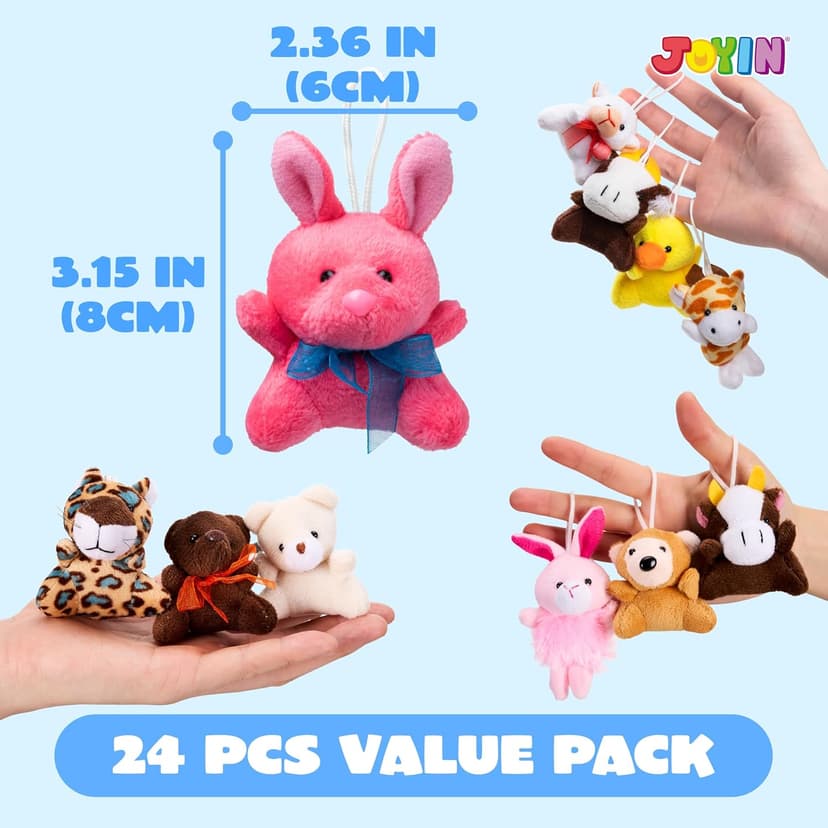JOYIN 24 Pack Mini Animal Plush Toy Assortment (24 Units 3" Each), Animals Keychain Decoration for Kids, Small Stuffed Animal Bulk for Kids, Carnival Prizes, School Gifts, Party Favor Goodie Bags