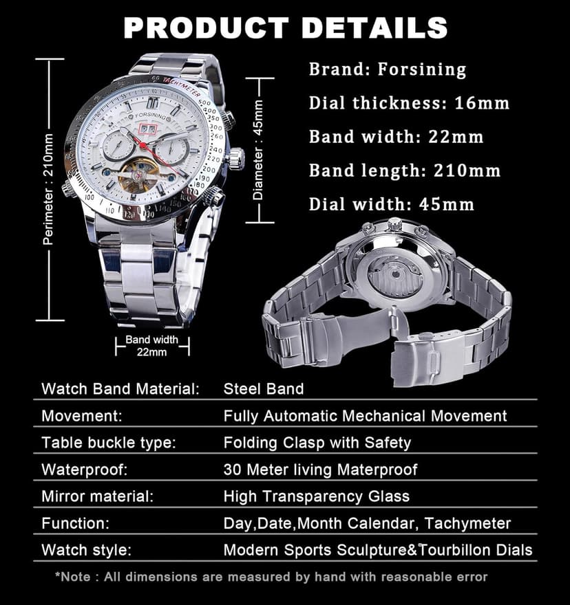 FORSINING Men Tourbillon Mechanical Self-Wind Watch, Day Date Month Full Calendar, Luminous Tachymeter Multifunctional Automatic Watches, Carved Big Dial Stainless Steel Band Wrist Watch