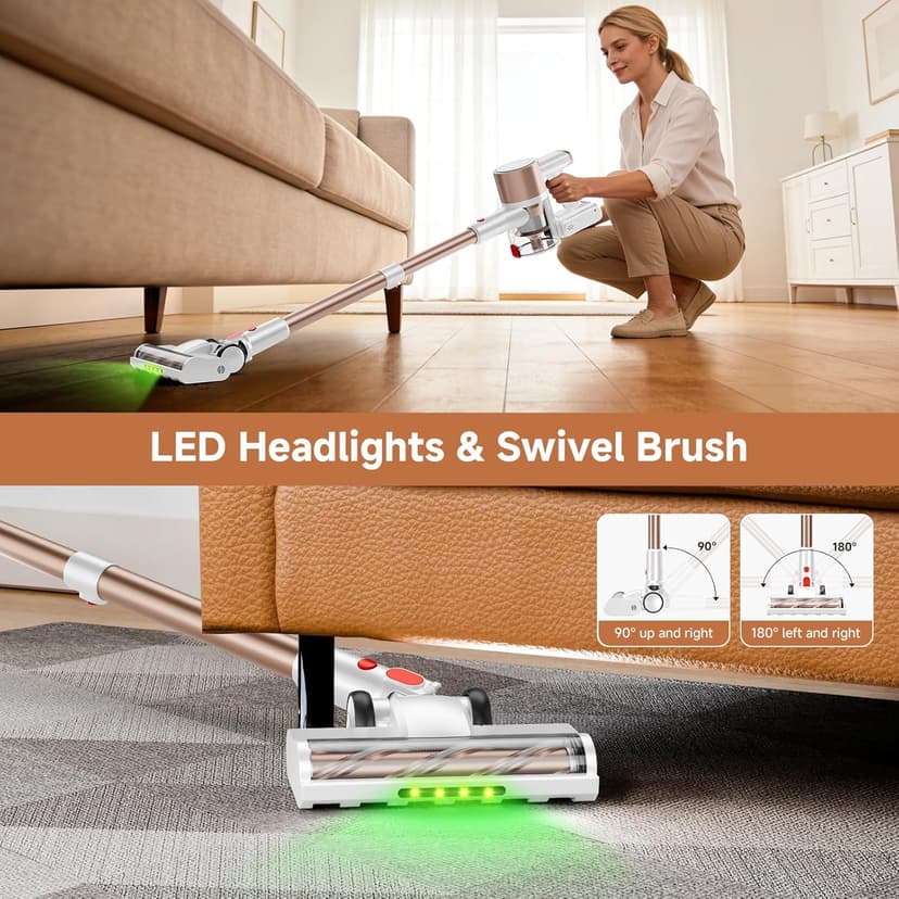 Honki Cordless Vacuum Cleaner, 500W/40Kpa Vacuum Cleaners for Home, Stick Vacuum Cordless with LED Display, Anti-Tangle & Wall Mount, 8 in 1 Lightweight Vacuum for Hard Floors Pet Hair(Gold)