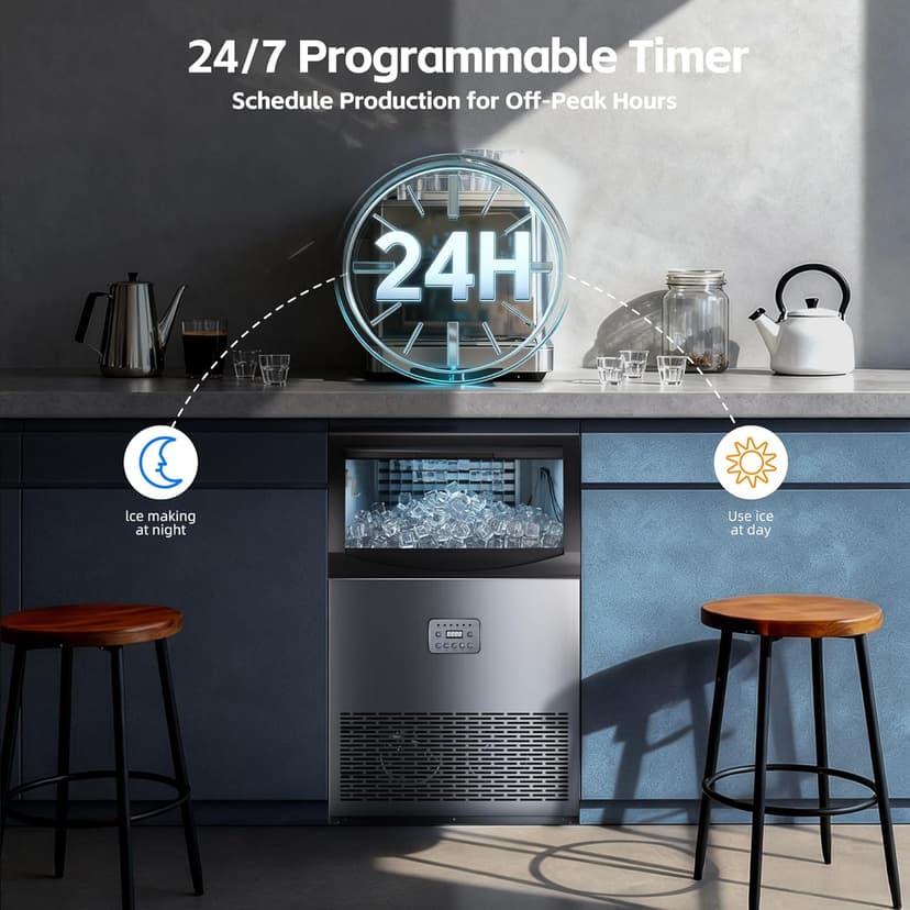 Commercial Ice Maker, 110lbs/24H, 33lbs Large Storage Under Counter Ice Maker for Business, 50 Cubes in 7-14Mins Stainless Steel Ice Machines, Self Cleaning Ice Makers for Cafe Bar Restaurant Home