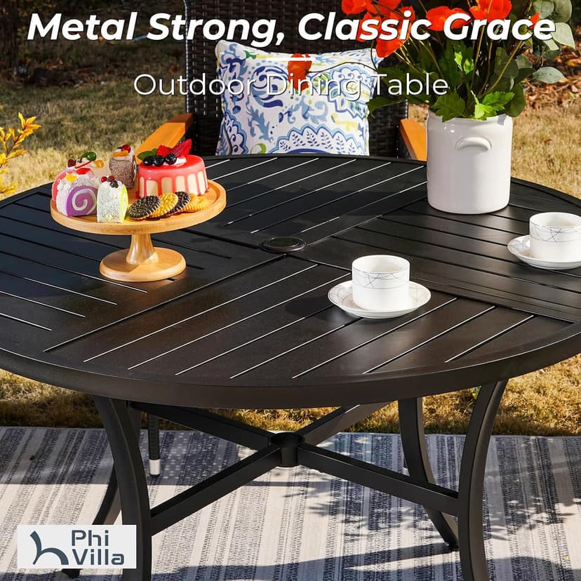 PHI VILLA 5 Pieces Outdoor Dining Set for 4 with Umbrella, 42" Large Round Metal Steel Table & Stackable Iron Chairs with Cushions & 10ft Beige Umbrella, Modern Furniture for Patio, Deck, Yard, Porch
