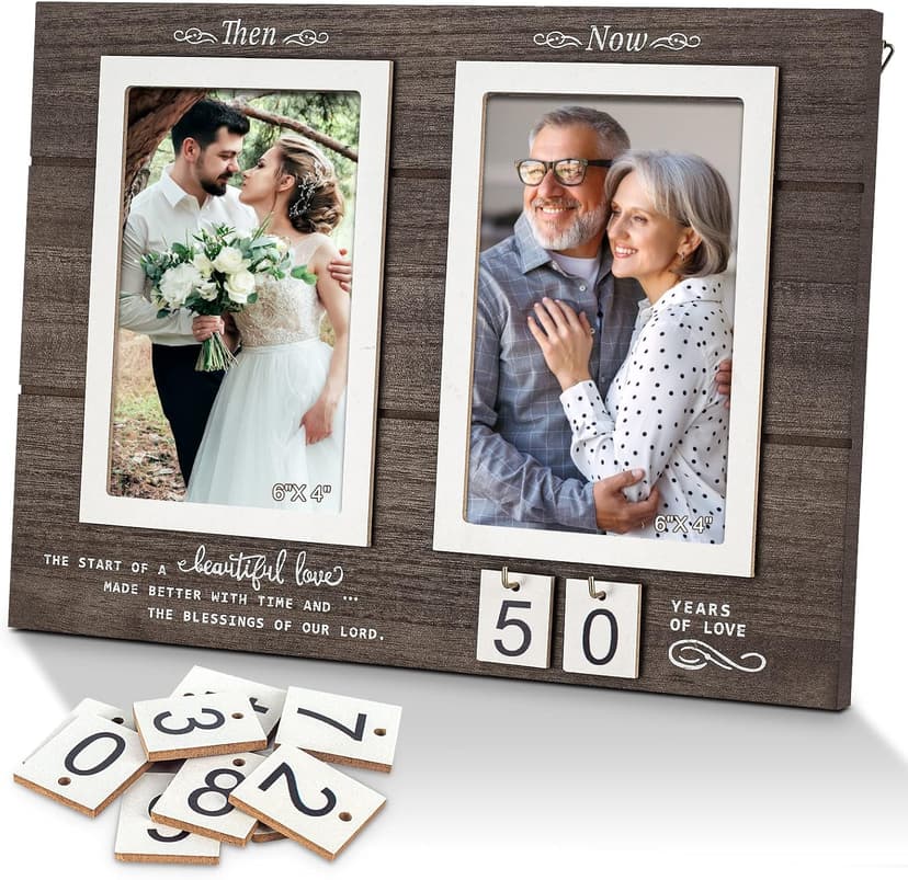 Then & Now Anniversary Picture Frame, 1-99 Years Wedding Gift Ideas - Anniversary Wood Photo Frame, Engagement Bridal Shower Gifts with Sentimental Quote - Holds 2 4x6 Inches Photos (Then & Now)