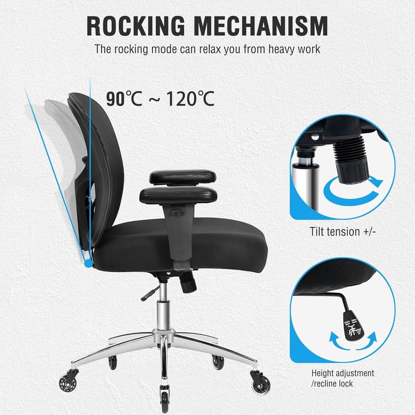 Big and Tall Office Chair 600lbs, Heavy Duty Ergonomic Mesh Chair, Computer Executive Desk Chair with Wide Thick Seat, Adjustable Armrests, Lumbar Support (Black, 601LBS) (Black, 601LBS)