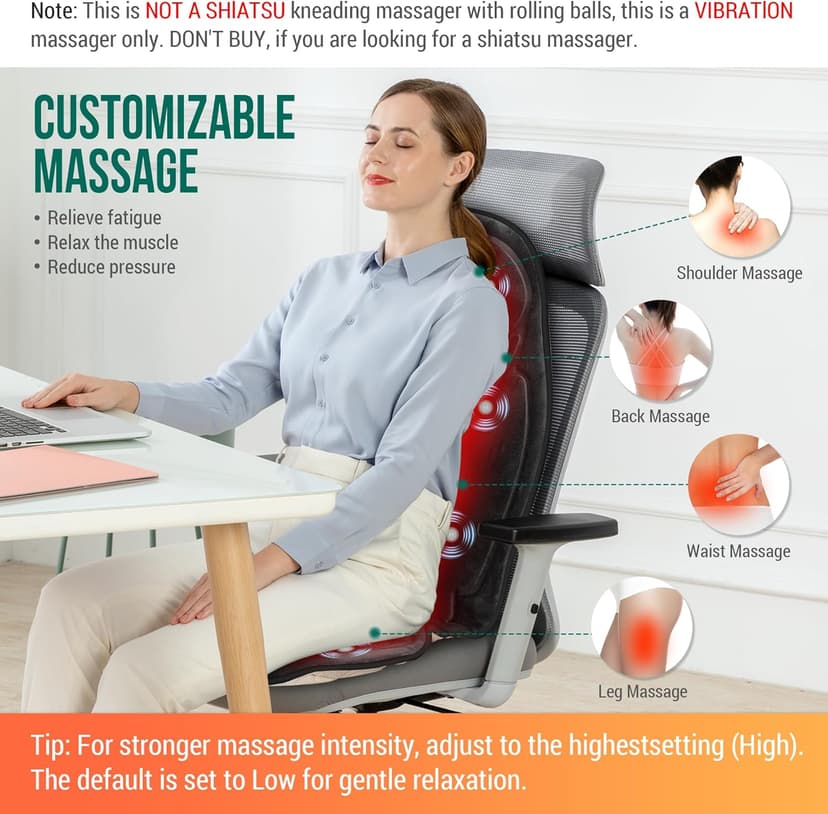 Snailax Vibration Back Massager with Heat, Massage Seat Cushion with 6 Vibrating Motors and 2 Heat Levels, Massage Chair Pad for Home Office use, Gifts for Him Her