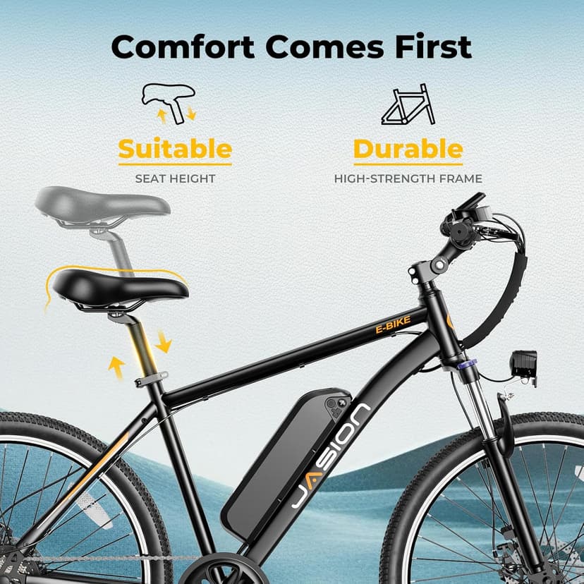 Jasion EB5 Electric Bike for Adults with Peak 1000W Brushless Motor, 40Miles 20MPH Commuting Electric Mountain Bike with 360Wh Removable Battery, 7-Speed, 26" Tires and Front Fork Suspension
