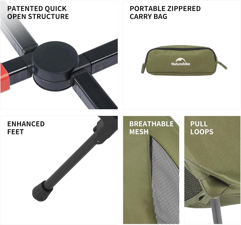 Naturehike YL01 Snap Camping Chair, 1 Second Setup Frame, 441lb Capacity Camp Chair, Portable & Lightweight Backpacking Chair