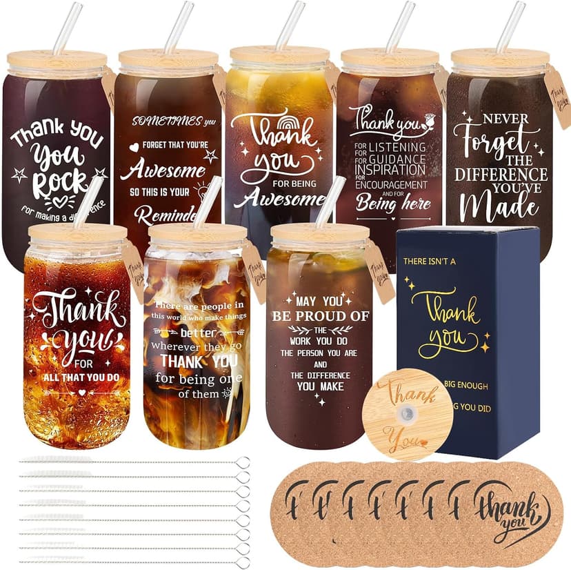 Beer glass cup, thank you gifts for staff coworker, gift box, hanging cards and coaster, birthday gift for team, men, women 8 Set Employee Appreciation Gifts Glass Cups, 16oz Can Coffee Cups B0DRN7HG9B