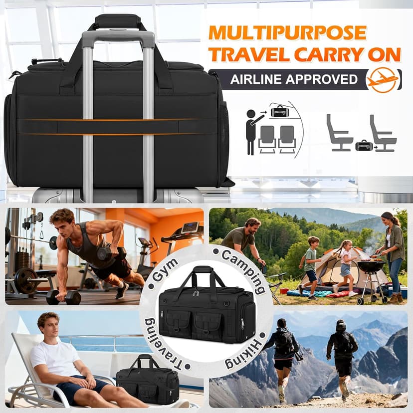 RAINSMORE Gym Bag for Men, 45L Large 3 in 1 Sports Duffle Bag with Shoes Compartment & Wet Pocket Water-Resistant Sports Travel Weekender Bag Multipurpose Carry On Overnight Tactical Backpack, Black