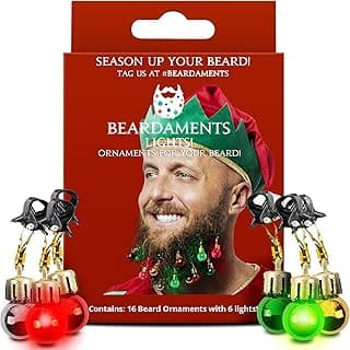 Beard Lights - Light-Up Beard Ornaments for Men - Colorful Christmas Beard Baubles with Easy Clip Attachment - Funny Christmas Ornaments - 16pc