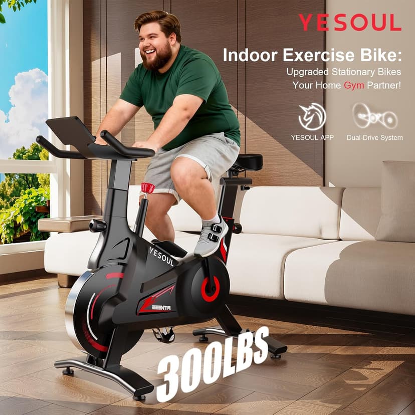 YESOUL Exercise Bike for Home – Stationary Bike with Stable Triangle Frame, Silent Magnetic Resistance, 300 lbs Capacity, Dual-Stage Drive & Alloy Flywheel, Smart APP with Scenic & Live Classes