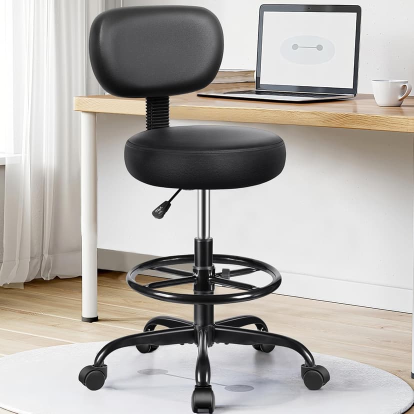 Brick Attic Drafting Chair with Backrest – Adjustable Foot Rest Rolling Stool with Wheels, PU Leather Swivel Stool for Office Spa Studio Lab Counter Salon Home Work Bar Kitchen Shop(Black)