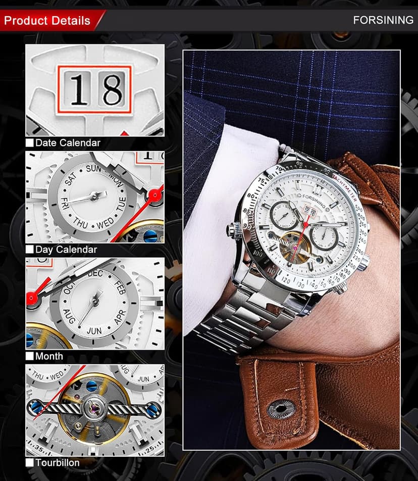 FORSINING Men Tourbillon Mechanical Self-Wind Watch, Day Date Month Full Calendar, Luminous Tachymeter Multifunctional Automatic Watches, Carved Big Dial Stainless Steel Band Wrist Watch