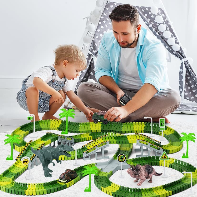 Dinosaur Toys,Create A Dinosaur World Road Race,Flexible Track Playset and 2 pcs Cool Dinosaur car for 3 4 5 6 Year & Up Old boy Girls Best Gift