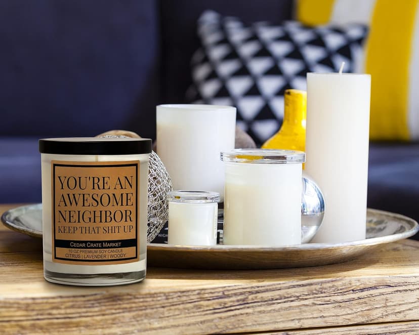 Cedar Crate Market Funny Neighbor Gift Candle - You're an Awesome Neighbor - House Warming Gifts New Home, Citrus Lavender Woody Scented Soy Candle – Housewarming, Friendship, or Thank You Gift