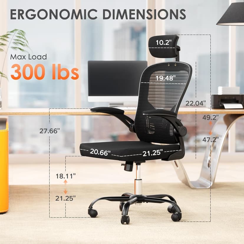 Ergonomic Office Chair, 300lbs High Back Breathable Mesh Desk Chair with Lumbar Support, Comfy Gaming Chair with Headrest and Flip-Up Arms, 360° Swivel Computer Task Chair for Home Office, Black