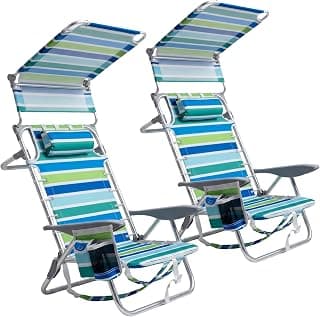 GarveeLife Backpack Beach Chair for Adults, Lightweight Portable Lay Flat Folding Beach Chair with Canopy Shade, 5 Reclining Positions, Backpack Straps, Phone Pocket, Cup Holder & Towel Bar