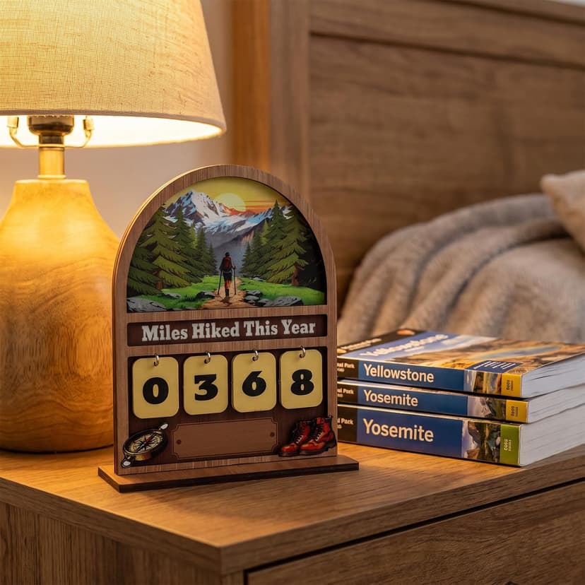 Wooden Mile Hike This Year Counter Rustic Cabin Decor Hiking Gifts for Women Men Hiking Accessories for Walking Enthusiasts Miles Hiked This Year Hiking Tracker Sign B0H394LD43