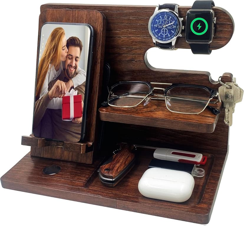 VEIYAILU Gifts for Men Boyfriend Him Brother Nightstand Organizer Gift for dad from Daughter Son Wood Phone Docking Station Anniversary Birthday Gifts (Walnut) B0GC5FQY5H