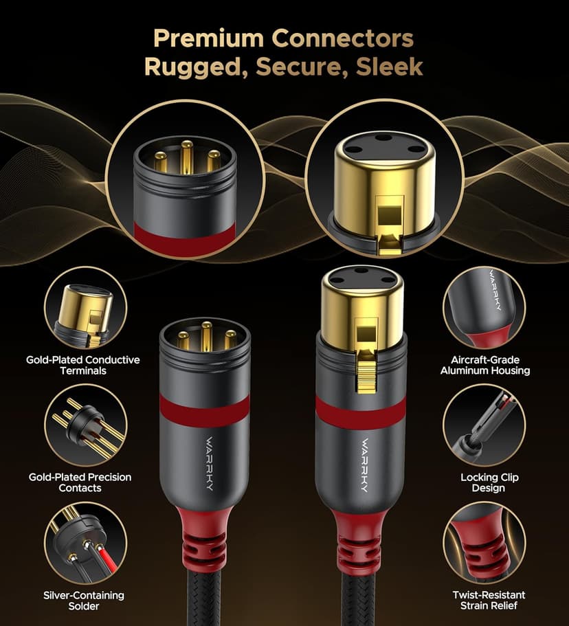 Warrky XLR Cables 6.6ft 2 Pack [Oxygen-Free Copper (OFC), Gold-Plated Connector] Balanced Microphone Cable Male to Female Professional Hi-Fi XLR Cable