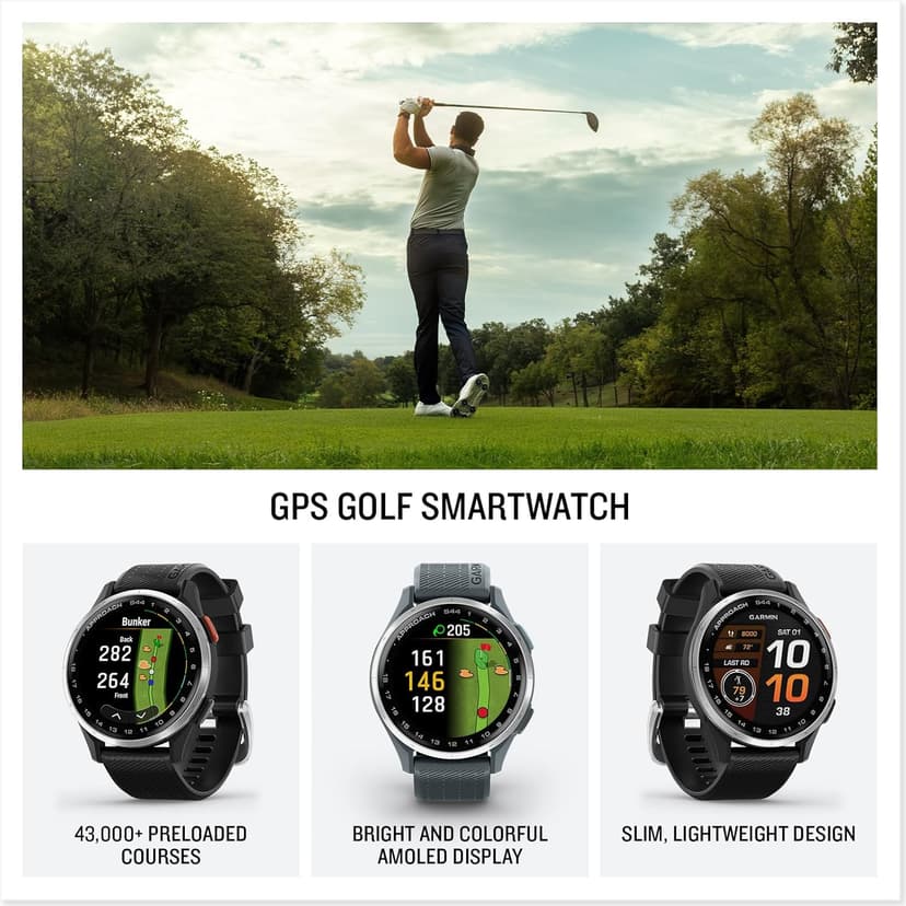 Garmin Approach® S44, Essential Golf GPS Smartwatch, AMOLED Display, On-Course Features, Silver Aluminum Bezel with Black Silicone Band